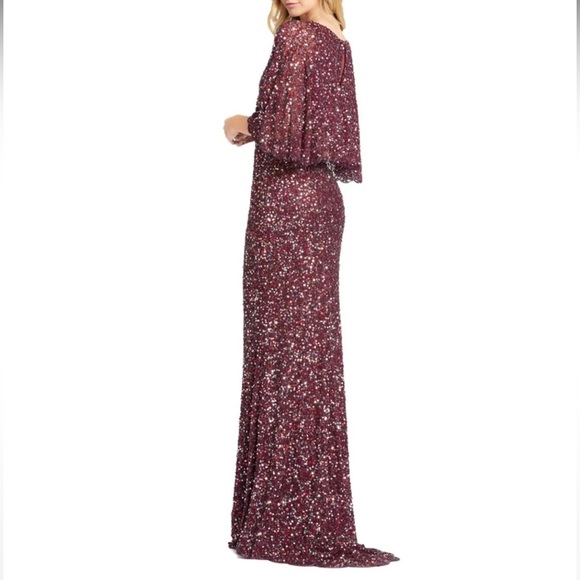 Mac Duggal Embellished Sequined Plunge Scalloped V-Neck Cape Gown Wine - Reemoly - Picture 3 of 17